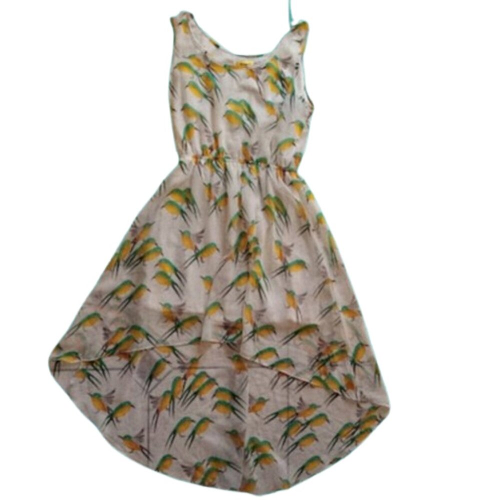 White Yellow BIRD Print Summer Sleeveless High Low Dress Size Medium
